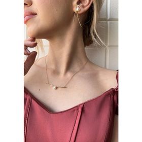 Birinci1926 14 Ayar Altın Tek İncili Kolye ve Küpe 2'li Kadın Set