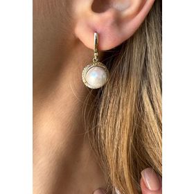 Birinci1926 14 Ayar Altın Zirkon Taşlı 10 mm Yuvarlak İnci Küpe