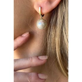 Birinci1926 14 Ayar Altın Zirkon Taşlı 10 mm Yuvarlak İnci Küpe
