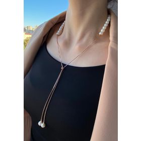 Birinci1926 925 Ayar Gümüş Rose Gold Renkli Yarısı İnci Yarısı Zincir Asansör Kolye