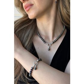 Birinci1926 925 Ayar Gümüş Zirkon Taşlı Halka Detaylı Siyah İnci Üçlü Set