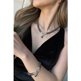 Birinci1926 925 Ayar Gümüş Zirkon Taşlı Halka Detaylı Siyah İnci Üçlü Set
