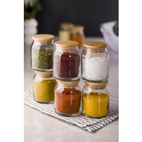 Bisepetim 6'lı 200 ml Set Bambu Kapaklı Cam Kavanoz Baharat Takımı