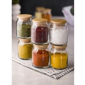 Bisepetim 6'lı 200 ml Set Bambu Kapaklı Cam Kavanoz Baharat Takımı