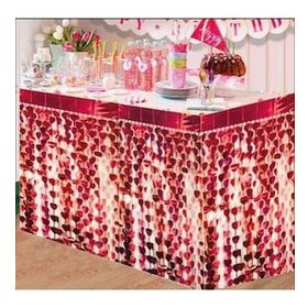 Bisepetim 75x360 cm Püsküllü Işıltılı Metalize Kırmızı Kalpli Masa Eteği