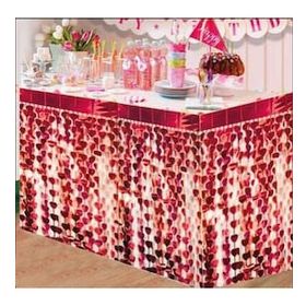 Bisepetim 75x360 cm Püsküllü Işıltılı Metalize Kırmızı Kalpli Masa Eteği