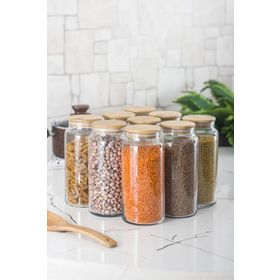 Bisepetim 9'lu 1300 ml Set Bambu Kapaklı Cam Kavanoz Erzak Saklama Kabı