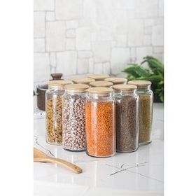 Bisepetim 9'lu 1300 ml Set Bambu Kapaklı Cam Kavanoz Erzak Saklama Kabı