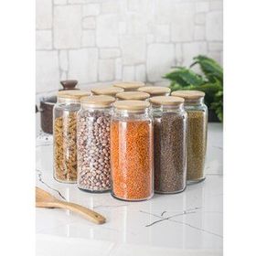 Bisepetim 9'lu 1300 ml Set Bambu Kapaklı Cam Kavanoz Erzak Saklama Kabı
