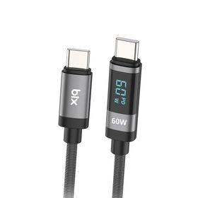 Bix 1 mt 60W Type-C to Type-C Örgülü LED Dijital Ekranlı Şarj ve Data Kablosu