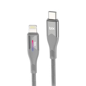 Bix 1 mt Gri 27W Type-C to Lightning iPhone Örgülü LED Işıklı Şarj ve Data Kablosu