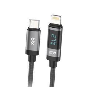 Bix 1 mt Type-C to Lightning iPhone 27W Örgülü LED Dijital Ekranlı Şarj ve Data Kablosu
