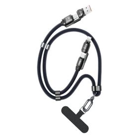 Bix 240W USB-A ve USB-C ve Lightning Mavi Çok Fonksiyonlu Askı İpli Premium Örgü 1.5 mt Yüksek Hızlı Şarj ve Veri Kablosu