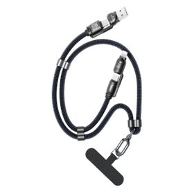Bix 240W USB-A ve USB-C ve Lightning Mavi Çok Fonksiyonlu Askı İpli Premium Örgü 1.5 mt Yüksek Hızlı Şarj ve Veri Kablosu