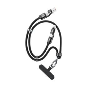 Bix 240W USB-A ve USB-C ve Lightning Siyah Çok Fonksiyonlu Askı İpli Premium Örgü 1.5 mt Yüksek Hızlı Şarj ve Veri Kablosu