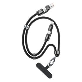 Bix 240W USB-A ve USB-C ve Lightning Siyah Çok Fonksiyonlu Askı İpli Premium Örgü 1.5 mt Yüksek Hızlı Şarj ve Veri Kablosu