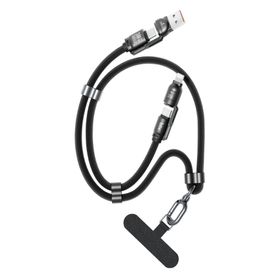 Bix 240W USB-A ve USB-C ve Lightning Siyah Çok Fonksiyonlu Askı İpli Premium Örgü 1.5 mt Yüksek Hızlı Şarj ve Veri Kablosu