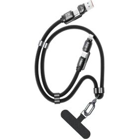 Bix 240W USB-A ve USB-C ve Lightning Siyah Çok Fonksiyonlu Askı İpli Premium Örgü 1.5 mt Yüksek Hızlı Şarj ve Veri Kablosu