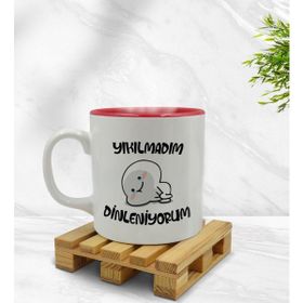 BK 1 Gift Yıkılmadım Dinleniyorum Tasarımlı İçi Kırmızı Beyaz Renkli Kupa Bardak