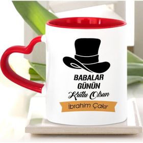 BK 24-506 Kişiye Özel Babalar Günü Temalı Kırmızı Kalpli Beyaz Kupa Bardak