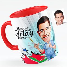 BK Bay Diş Hekimi Karikatürlü Kırmızı Kupa Bardak