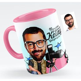 BK Bay Fotoğraf Sanatçısı Karikatürlü Pembe Kupa Bardak