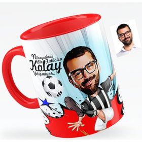 BK Bay Futbolcu Siyah Beyaz Karikatürlü Kırmızı Kupa Bardak