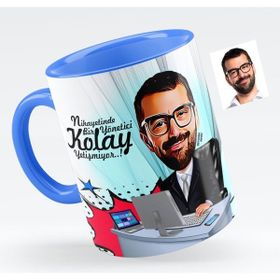 BK Bay Genel Müdür Karikatürlü Mavi Kupa Bardak