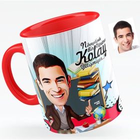 BK Bay Öğretmen Karikatürlü Kırmızı Kupa Bardak