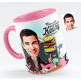 BK Bay Öğretmen Karikatürlü Pembe Kupa Bardak