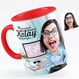 BK Bayan Genel Müdür Karikatürlü Kırmızı Kupa Bardak