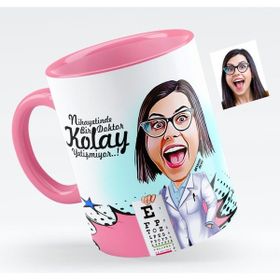 BK Bayan Göz Doktoru Karikatürlü Pembe Kupa Bardak