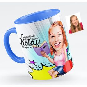 BK Bayan Öğrenci Karikatürlü Mavi Kupa Bardak