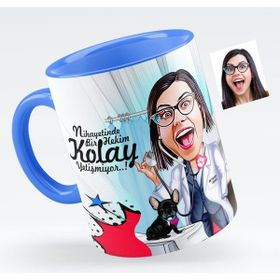 BK Bayan Veteriner Hekim Karikatürlü Mavi Kupa Bardak