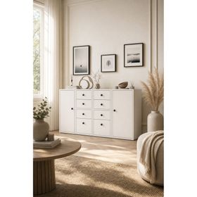 BK Concept Çıtasız KNS-1173-Ç İki Kapaklı Sekiz Çekmeceli Raflı Beyaz Konsol