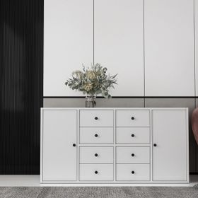 BK Concept Çıtasız KNS-1173-Ç İki Kapaklı Sekiz Çekmeceli Raflı Beyaz Konsol