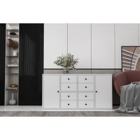 BK Concept Çıtasız KNS-1173-Ç İki Kapaklı Sekiz Çekmeceli Raflı Beyaz Konsol