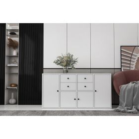 BK Concept KNS-1172-Ç Çıtasız Dört Kapaklı Dört Çekmeceli Raflı Beyaz Konsol