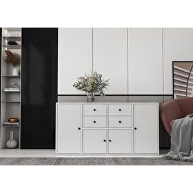 BK Concept KNS-1172-Ç Çıtasız Dört Kapaklı Dört Çekmeceli Raflı Beyaz Konsol