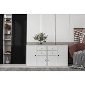 BK Concept KNS-1172-Ç Çıtasız Dört Kapaklı Dört Çekmeceli Raflı Beyaz Konsol