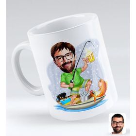 BK Gift Kişiye Özel Erkek Balıkçı 2 Karikatürlü Beyaz Kupa Bardak