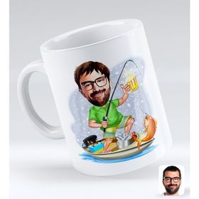BK Gift Kişiye Özel Erkek Balıkçı 2 Karikatürlü Beyaz Kupa Bardak