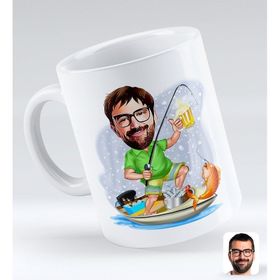 BK Gift Kişiye Özel Erkek Balıkçı 2 Karikatürlü Beyaz Kupa Bardak