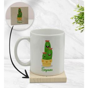 BK Gift Kişiye Özel Kaktüs Tasarımlı Beyaz Kupa Bardak ve Ahşap Bardak Altlığı Hediye Seti