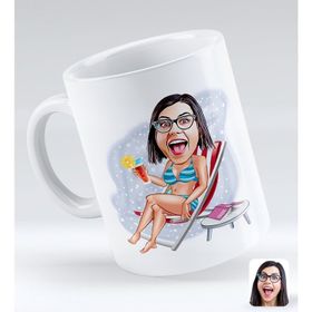 BK Gift Kişiye Özel Tatilci Kadın 2 Karikatürlü Beyaz Kupa Bardak