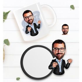 BK Kişiye Özel Amca Karikatürlü Beyaz Kupa ve Ahşap Bardak Altlığı