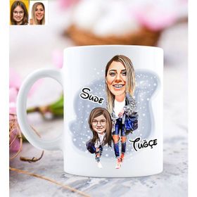 BK Kişiye Özel Anne Kız 5 Karikatürlü Beyaz Kupa Bardak