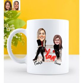 BK Kişiye Özel Anne Kız Karikatürlü Beyaz Kupa ve Ahşap Bardak Altlığı