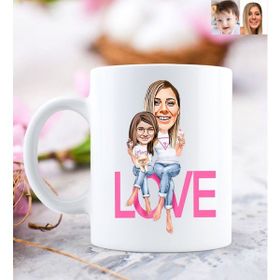 BK Kişiye Özel Anne ve Kız Love Karikatürlü Beyaz Kupa Bardak