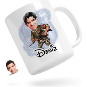 BK Kişiye Özel Asker Karikatürlü Beyaz Kupa Bardak